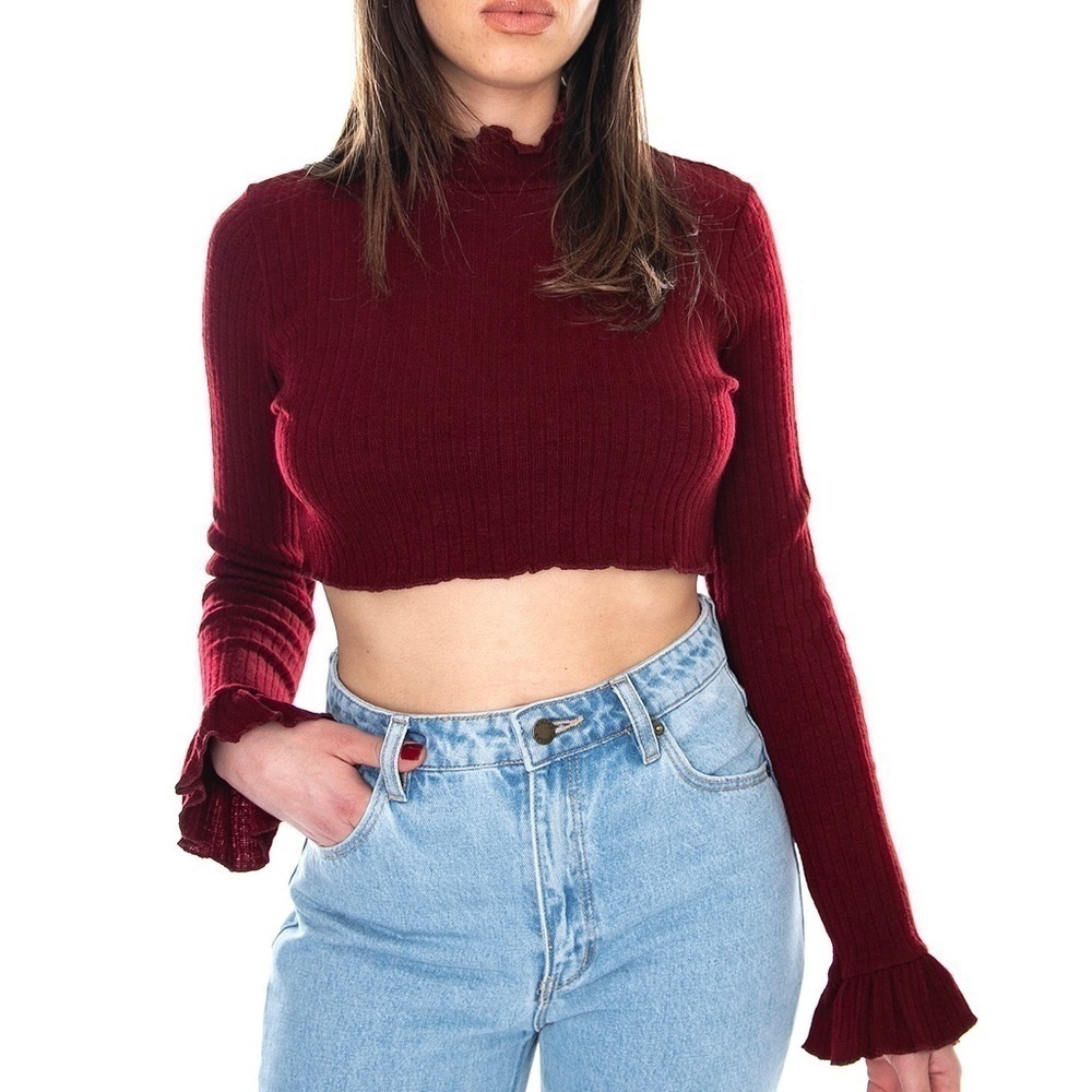 NWT Motol Rocks Leni Rib Knit Crop Long Sleeve Maroon Top